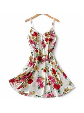 Victoria’s Secret Gold Label Floral Satin Slip Dress White & Red Roses Sz Large